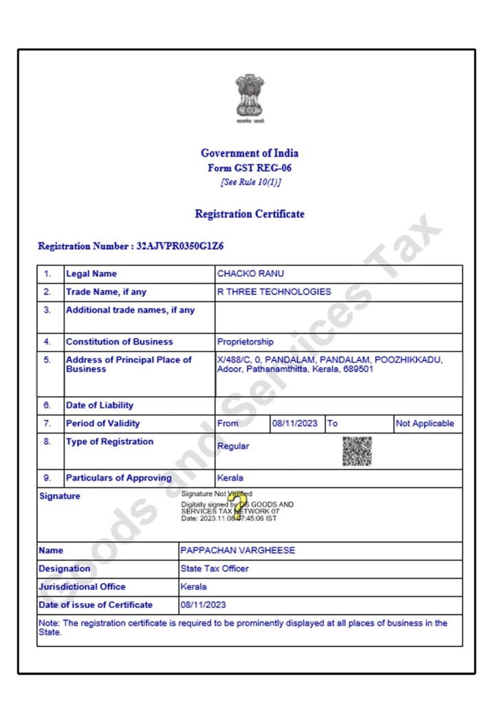 GST Registration Certificate for R Three Technologies