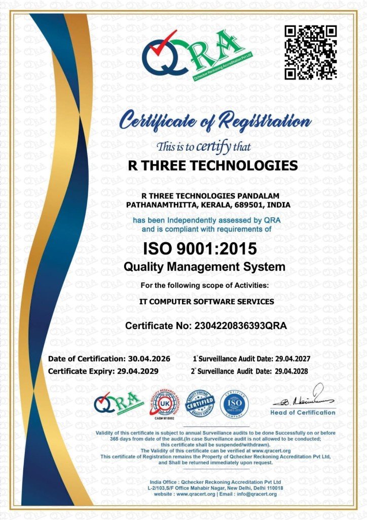 ISO 9001:2015 Certificate of Registration for R Three Technologies